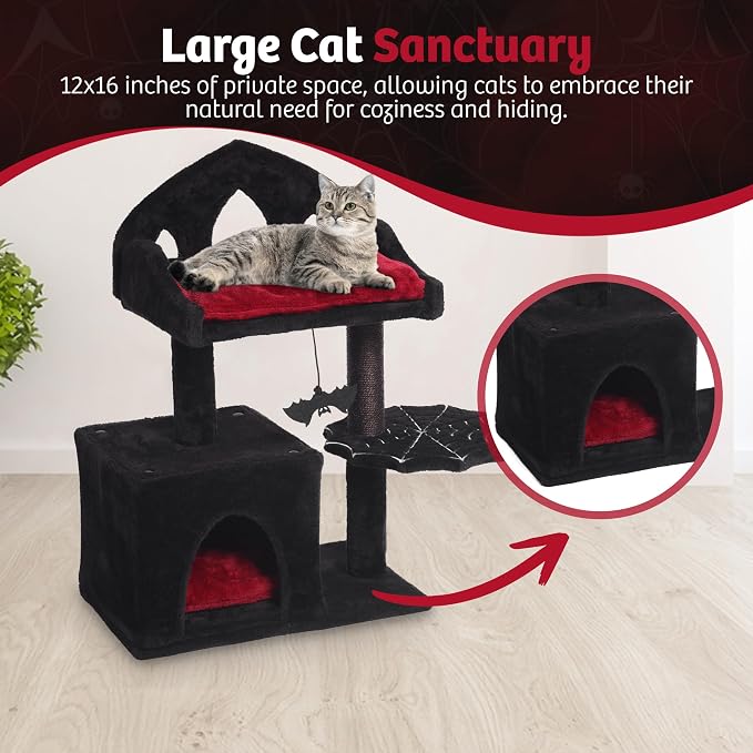 Gothic Cat Tree - 28in Black Cat Condo with Regal Throne Bed, Spooky Hanging Bat and Durable Sisal Scratching Post - Goth Cat Tree for Majestic Rest