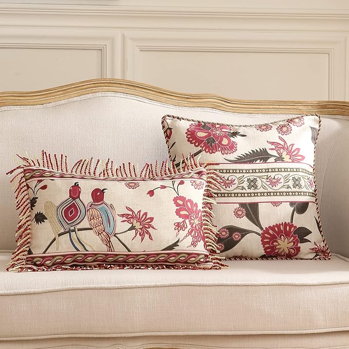 patdrea Designer Vintage Linen Throw Pillow Cover,12"x20"-Schumacher D | Elegant Decorative Pillow Case,Bird Pattern with Fringe Trim,Cushion Coverfor Couch Living Room Bedroom Sofa