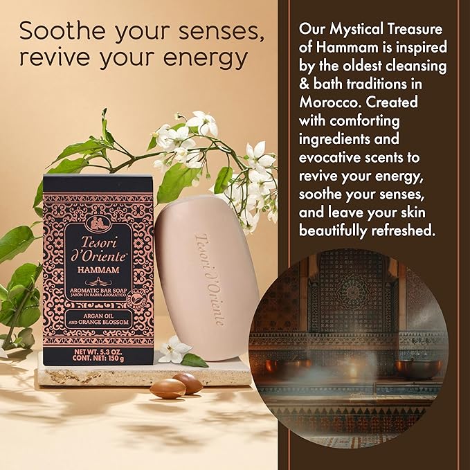 Tesori d’Oriente Hammam Bar Soap, 5 oz, Plant-Based Aromatic Hand & Body Soap Bar with Argan Oil, Hydrating, Gentle Cleanser for Men & Women, Warm Orange Blossom Scent