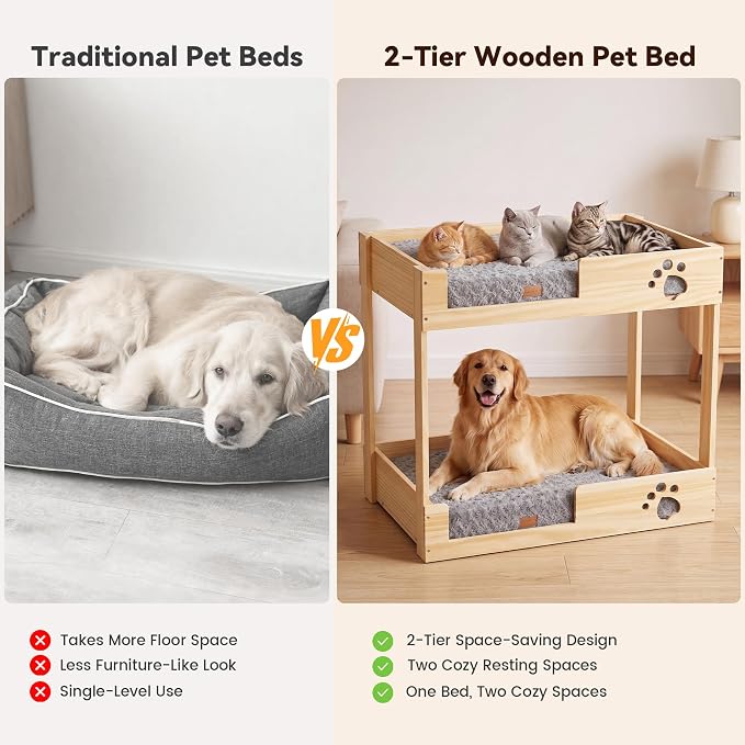 Wooden Bunk Dog Bed with 2 Memory Foam Beds | Modern Pet Furniture, Waterproof Liners, Washable Covers, 31.1 x 20.9 x 29.9 in, Bedside Window Perch, For Medium Dogs & Cats