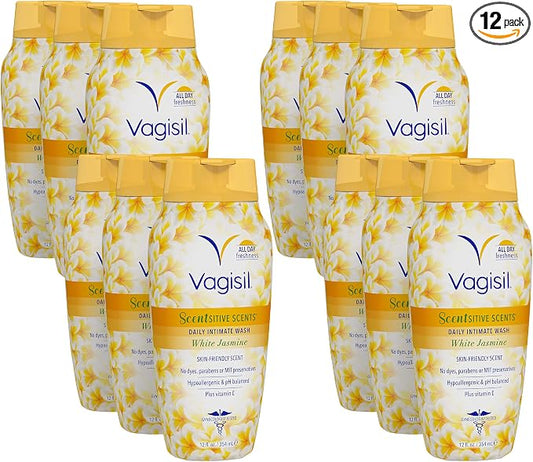 Vagisil Feminine Wash for Intimate Area Hygiene, Scentsitive Scents, pH Balanced and Gynecologist Tested, White Jasmine, 12 oz (Pack of 12)
