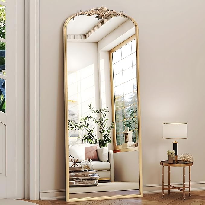 Besdomus Vintage Mirror Full Length: 21"x56" Champagne Arched Body Mirrors | French Floor Standing Metal Framed - Antique Baroque Traditional Ornate - Ideal for Foyer/Cloakroom/Bedroom/Dressing Room