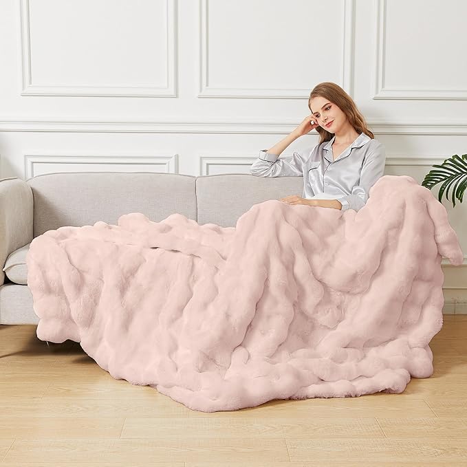 ORINOVA Pink Fluffy Blanket Queen Size 90x90 Faux Fur Soft Furry Blanket for Bed Couch Cozy Fuzzy Throw Queen Blankets for Bedroom Home Decor 1000 GSM