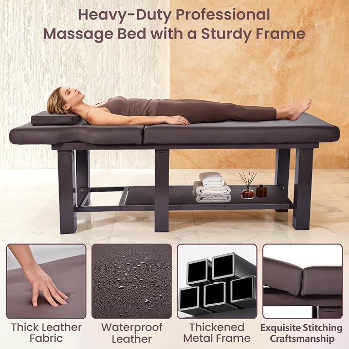 Professional Stationary Massage Table with Backrest, Adjustable Thick Foam Spa Massage Beds,Metal Frame PU Leather 27.55'' Wide 72.83'' Long Heavy Duty Bed for Massages, Hairdressing, Spas(Brown)