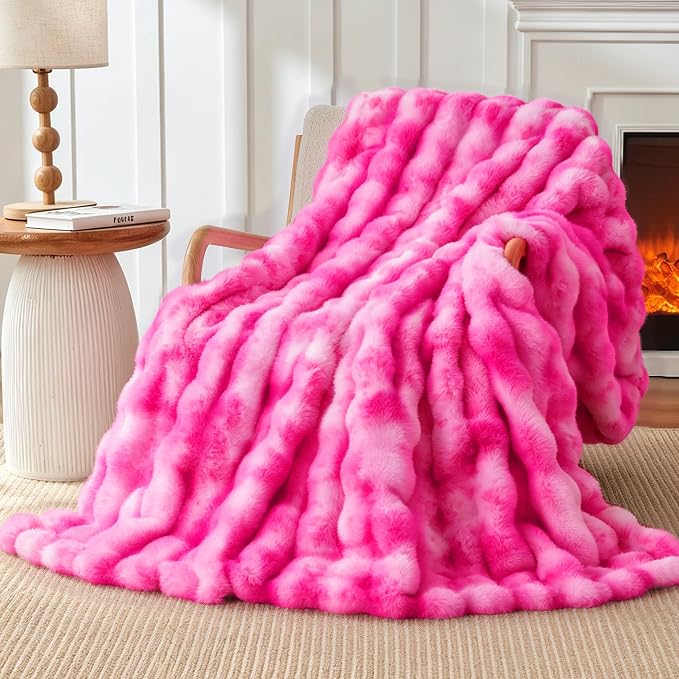 Luxury 1000GSM Rabbit Faux Fur Blanket, Super Warm Cozy Brown Blankets for Couch Bed Sofa, Ruched Plush Fuzzy Elegant Soft Reversible Mink Blanket Living Room Bedroom, 50" x 60",Rose Pink