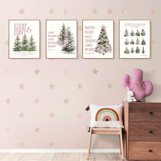 LARTSFRO Coquette Pink Bow Christmas Tree Gifts Wall Art Decor Posters, Pink Bow Christmas Christian Room Bathroom Bedroom Dorm Wall Art Decor Aesthetic for College Teen Girls Gifts, Inspirational Bible Verses Bow Wall Decor, 10x8 Inch Set of 4 Pcs Chr...