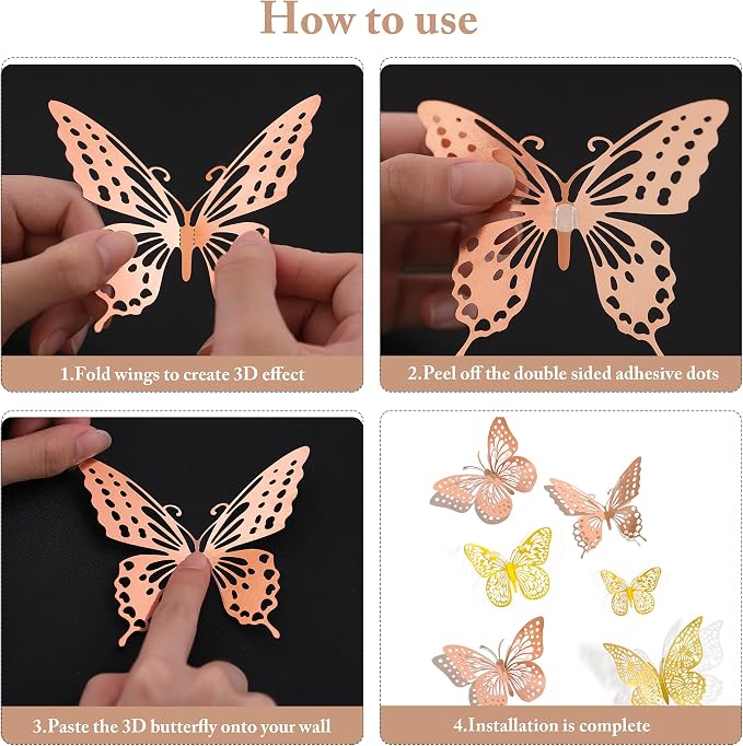 SAOROPEB 3D Butterfly Wall Decor, 48 Pcs 4 Styles 2 Color 3 Sizes, Removable Metallic Wall Sticker Room Mural Decals for Kids Bedroom Nursery Classroom Party Decoration (2 Color) | 4 Styles 2 Color 3 Sizes, Removable Metallic Wall Sticker Room Mural De...
