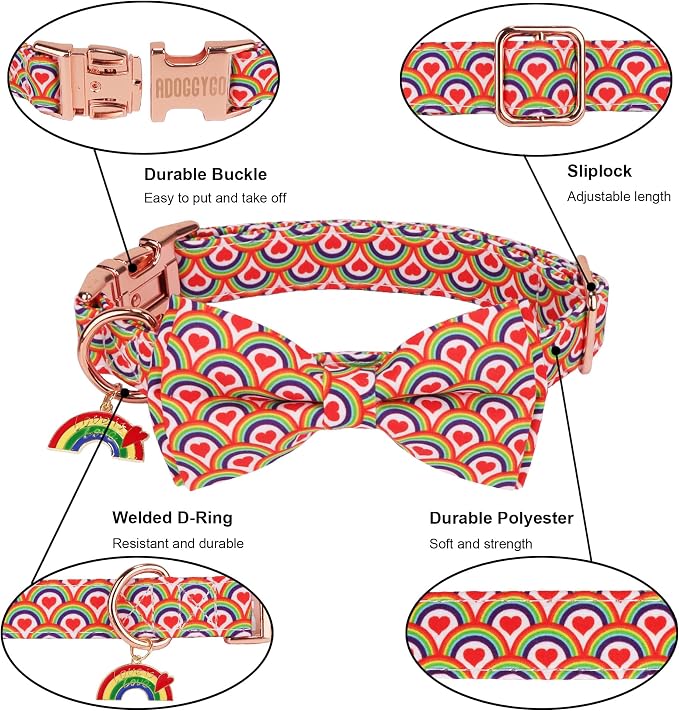 ADOGGYGO Rainbow Dog Collar with Bow Tie, Pride Bowtie Collar, Medium
