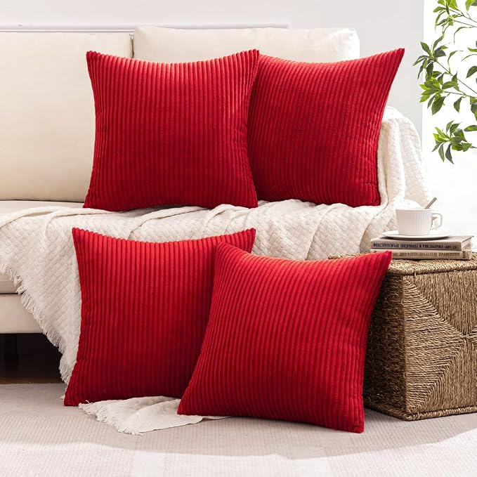 MIULEE Soft Corduroy Decorative Throw Pillow Covers Christmas Red 18x18 | Set of 4, Mordern Nordic Christmas Decor, All Same Color Set, Boho Farmhouse Cushion Covers for Couch Bed Sofa Living Room