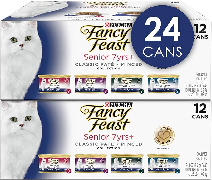 Purina Fancy Feast Senior 7+ Wet Cat Food Variety Pack, 3 oz, 24-Pack | Chicken, beef, and tuna recipes with high protein to support strong muscles. Includes antioxidants to support immune health