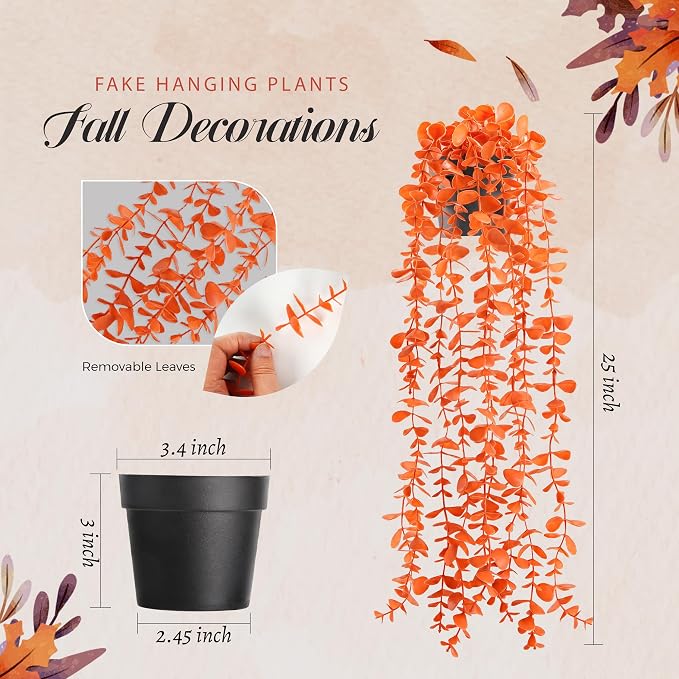 Der Rose 1Pcs Fake Fall Plants Hanging Orange Artificial Potted Faux Eucalyptus Plant Decorations for Fall Thanksgiving Bathroom Table Centerpiece Wall Kitchen Room Decor Indoor and Outdoor
