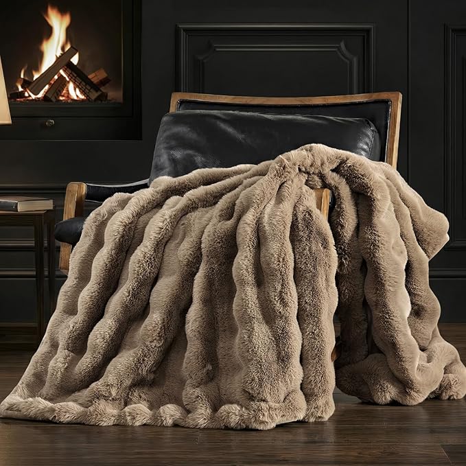 Faux Rabbit Fur Bubble Throw Blanket, 60"x80", Greige | Ultra Soft, Luxury Faux Rabbit Fur Throw, Thick Warm Bubble Blanket, Cozy Fluffy Reversible, for Bed, Couch, Chair, Sofa