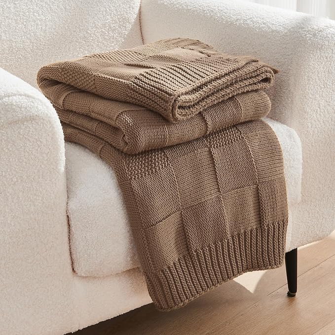 CozeCube Light Brown Knitted Checkered Throw Blanket 50"X60" | Check Knit Throw for Couch, Decorative Christmas Soft Cozy Warm Blanket for Bed Sofa Living Room