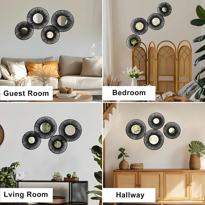 Artilady Baskets Macrame Wall Hanging with Mirror, Black Boho Wall Decor | Woven Wicker Basket, Farmhouse Rustic Jute, Bedroom Living Room Nursery Home Decor, 4Pcs