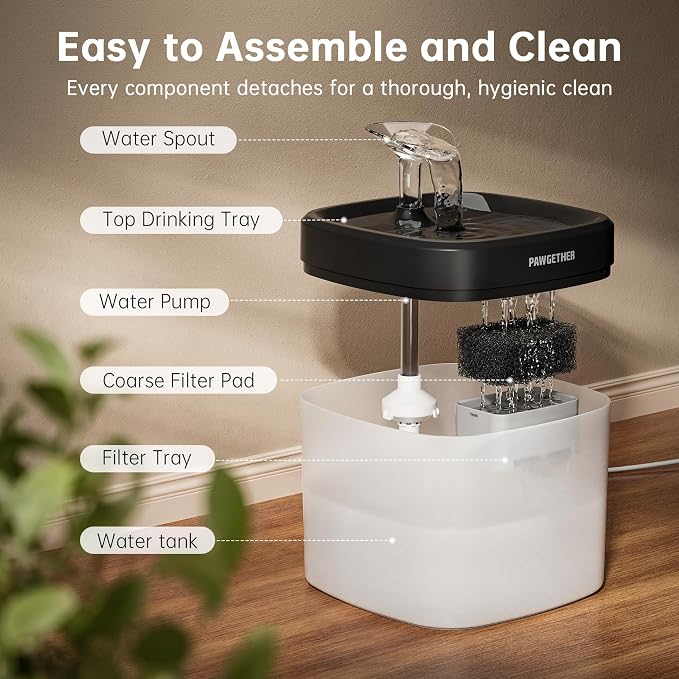 PAWGETHER® Cat Water Fountain with Wireless Pump 51oz/1.5L Dog Water Fountain, Ultra Quiet Automatic Pet Water Fountain Portable Indoor Outdoor Travel Small Dog Water Dispenser with Adapter Black