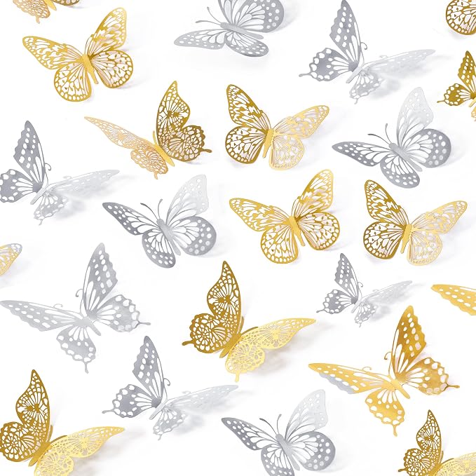SAOROPEB 3D Butterfly Wall Decor 48 Pcs 4 Styles 3 Sizes, Butterfly Birthday Decorations Party Decorations Cake Decorations Wedding Decor, Removable Stickers (Gold, Silver) | 4 Styles 3 Sizes, Party Decorations Birthday Cake Decorations Wedding Decor, ...