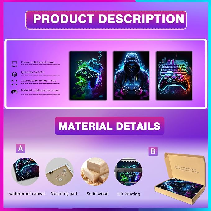 BGFCE Cool Gaming Canvas Wall Art Set of 3, Retro Video Game Watercolor Poster Pictures, Neon Gamepad Gamepad Painting Prints Game Room Bedroom Wall Decor 12x16 in Framed