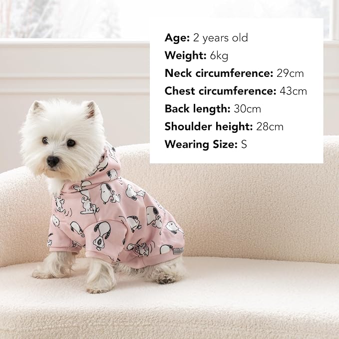 Berkshire Peanuts® Dog Hoodie, Pet Sweater with Leash Hole & Elastic Sleeve, Snug Fit for Puppies, Kittens, and Small Dogs, Small, Moods of Snoopy Mini Blush