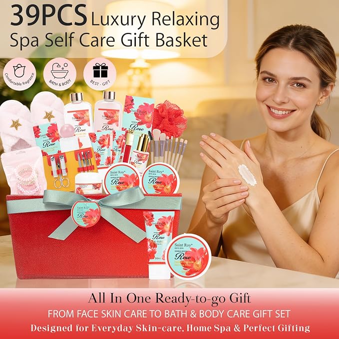 35Pcs Spa Kit Gift for Women, Sandalwood Red Rose Bath and Body Basket Gift | Face Skin Care Kit, Home Spa Self Care, Lip Gloss, Birthday, Christmas, Mother, Bridal Shower, Anniversary for Mom Pamper Kit