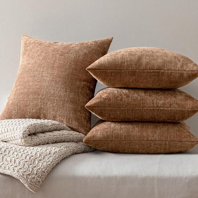 MIULEE Pack of 4 Fall Decorative Throw Pillow Covers 18x18 Inch Chenille Textured Throw Pillows Boho Farmhouse Rustic Cushion Covers Vintage Home Decor for Couch Sofa Bed Living Room，Camel