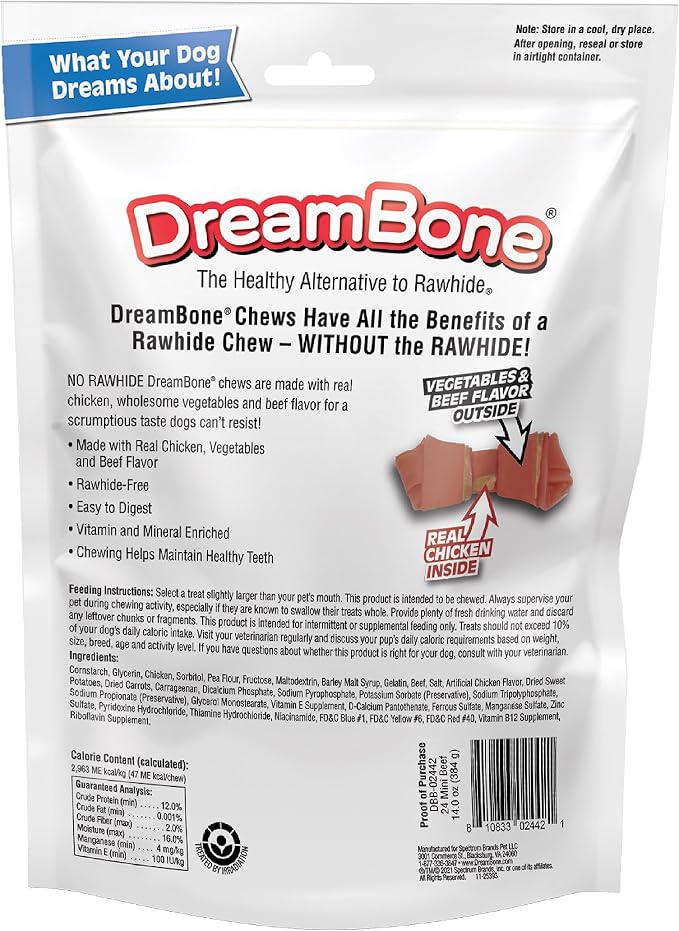 DreamBone Mini Bones Beef Rawhide-Free Dog Treats With Real Protein, 24 Ct | Daily Chew, Digests Safely and Completely, Made With Real Chicken, Veggies & Beef, For Adult Dogs
