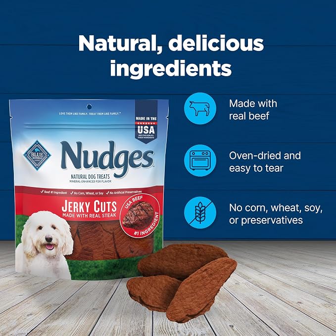 Blue Buffalo Nudges Jerky Cuts Dog Treats, Made in the USA with Natural Ingredients, Steak, 16-oz Bag (Pack of 4)