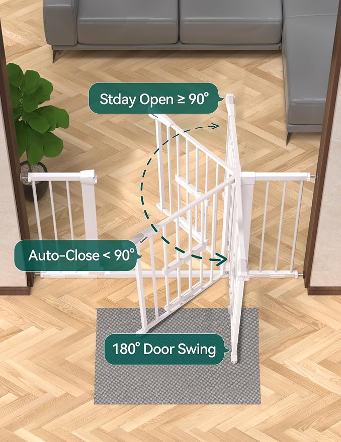 Babelio Extra Wide Baby Gate with Cat Door, CatPrivilege II, 29-48" | Auto-Close Metal Pet Door for Stairs, Doorways & House, Pressure/Hardware Mounted, Easy Walk Thru, White