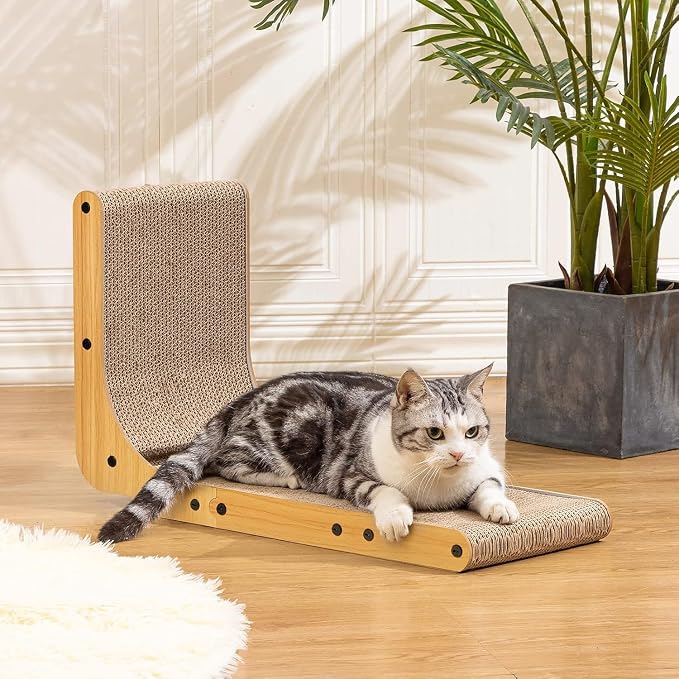Poils bebe L Shape Cat Scratcher, 26.8 Inch Cat Scratchers for Indoor Cats | Protecting Furniture Cat Scratch Pad, Cardboard Cat Scratching with Ball Toy, Catnip, Large