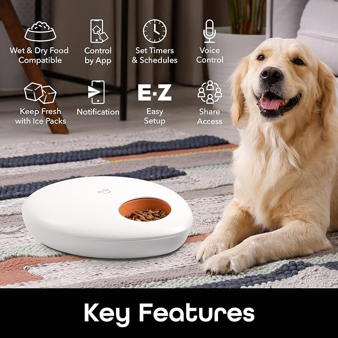 Geeni Smart Pet Feeder for Wet or Dry Food, 5-Meal with Ice Packs, White | Automatic dog and cat feeder, programmable timer, battery backup, Alexa and Google Home compatible