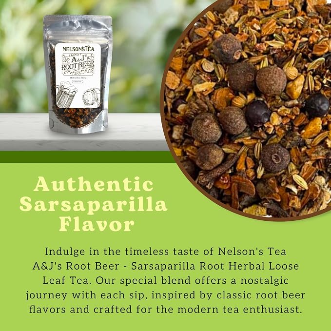 Nelson's Tea A&J's Root Beer - Cut & Sifted Sarsaparilla Root Tea Loose Leaf - Caffeine Free, Harmonious Herbal Blend of Burdock, Birch Bark, Dandelion and More (4 oz)