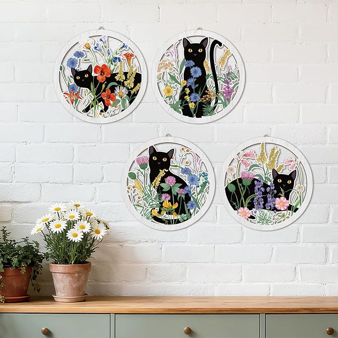 Funny Black Cat Wall Decor,Farmhouse Floral Wooden Signs,4 Pieces 10''x10'' Colorful Botanical Kitten Wall Art,Plant Cat Wood Plaque Home Decor for Pet Shop,Nursery,Lovely Cat Gifts
