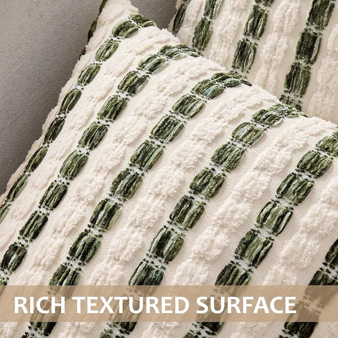 ANRODUO Boho Chenille Decorative Pillow Covers 18x18 Set of 2 Green White | Textured Tufted Stripes Woven Cushion Case, Farmhouse Accent Neutral Pillowcase for Couch Sofa Bed Living, Room Decor