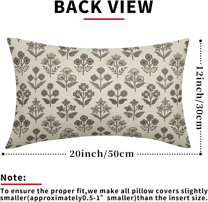 Dark Brown Floral Pillow Covers 12x20 Inch Set of 2, Block Print Lumbar Flower Cream Decorative Throw Pillowcases Outdoor Farmhouse Rectangle Cushion Covers Spring Summer Sofa Couch Bed Decor