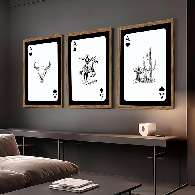 Western Cowboy Wall Art Set of 3 Cowboy Print Playing Card Inspired Southwestern Canvas Poster Trendy Western Wall Decor Longhorn Bull Skull Room Decor for Bedroom Living Room Framed 16x24 inch