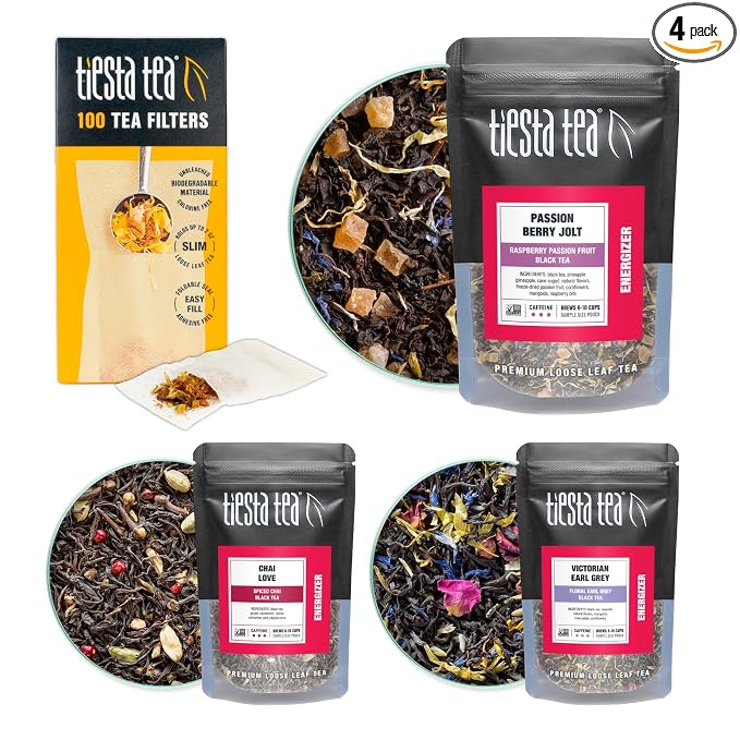 Tiesta Tea - Black Tea Starter Kit, Loose Leaf, Premium Black Gift Set, High Caffeinated, Make Hot or Iced, Variety Pack with 3 Samplers & 100 Disposable Filters