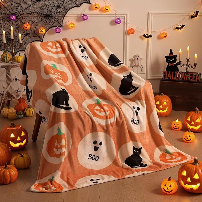 50'' x 60'' Halloween Throw Blanket Ghost Pumpkin Cat Sugar Cookie | Cute Boo Black Cat Pumpkin Plush Warm Blanket Halloween Decor for Home Sofa Decor Couch Bed