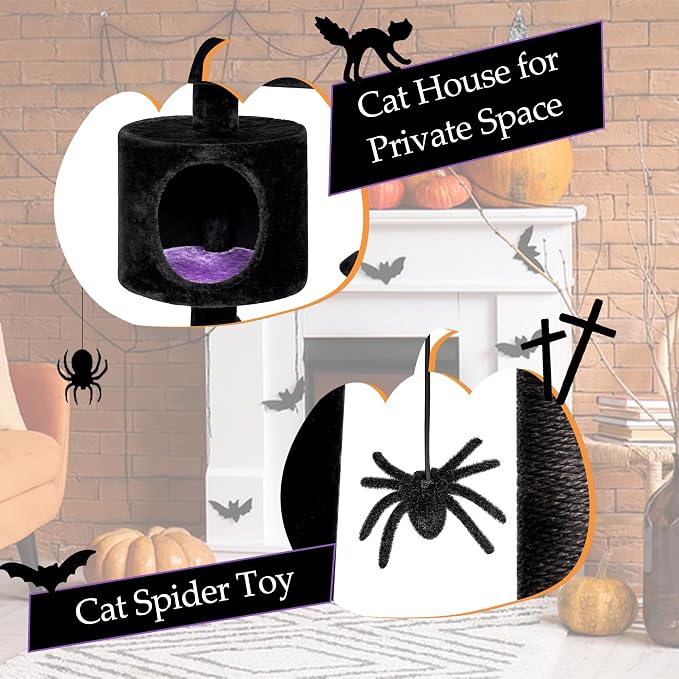 BEWISHOME Cat Tree for Indoor Cats, Gothic Cat Tree with Coffin Bed | Goth Cat Tree Tower with Scratching Posts/Board, Cat Condo/House/Shelves for Kittens, Spider Toy, Black and Violet Small