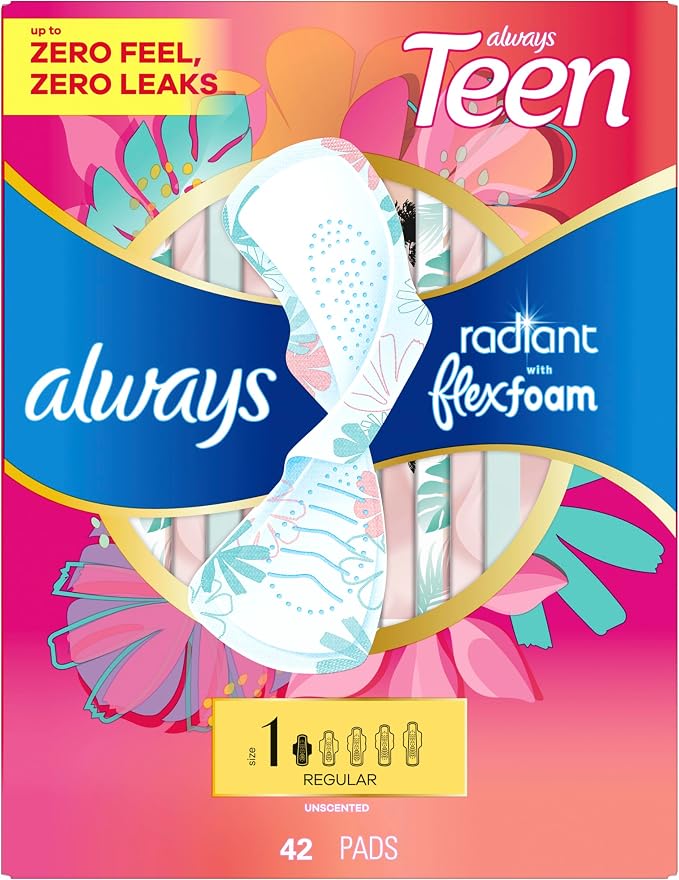 Always Radiant Teen Pads, Size 1, Regular, with Wings, Unscented, 42 Count