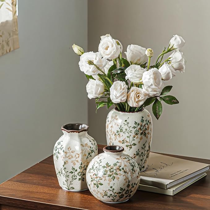 Ceramic Flower Small Vase for Home Decor, Vintage Green Vase Set of 3 | Rustic Farmhouse Floral Vase for Mantel, Coffee Table, Living Room, Kitchen, Bookshelf, Entryway, Wedding Centerpiece