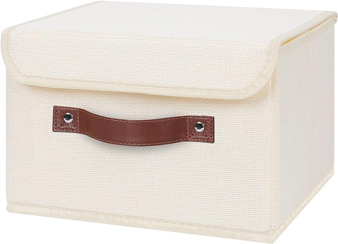 ANMINY Fabric Storage Box Bins with Lids, Beige, 10"x8"x7", 4 Pack | Keepsake Memory Storage, Cotton Linen, PP Board Reinforced, Washable, PU Handles, Foldable & Stackable, Decorative, Small