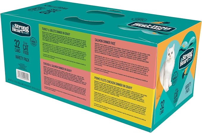 A Strong Heart Cat Food Dinner Variety Pack, Shreds & Cuts, 32pk | Chicken, turkey & salmon flavors, mixed pate & shreds textures, made in USA