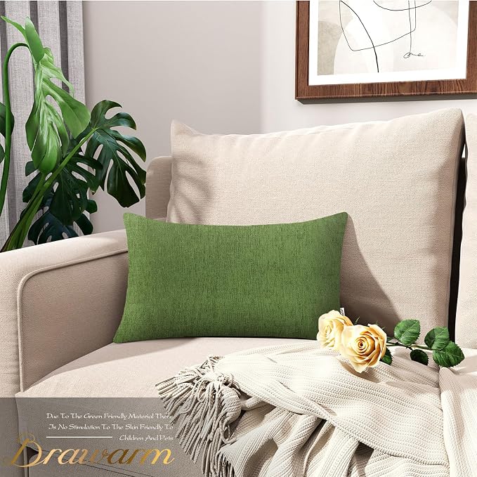 BRAWARM Throw Pillow Covers 12x20 Inches - Forest Green Chenille Lumbar Pillow Covers Pack of 2, Solid Dyed Soft Chenille Pillow Cases for Couch Sofa Bed Home Decoration