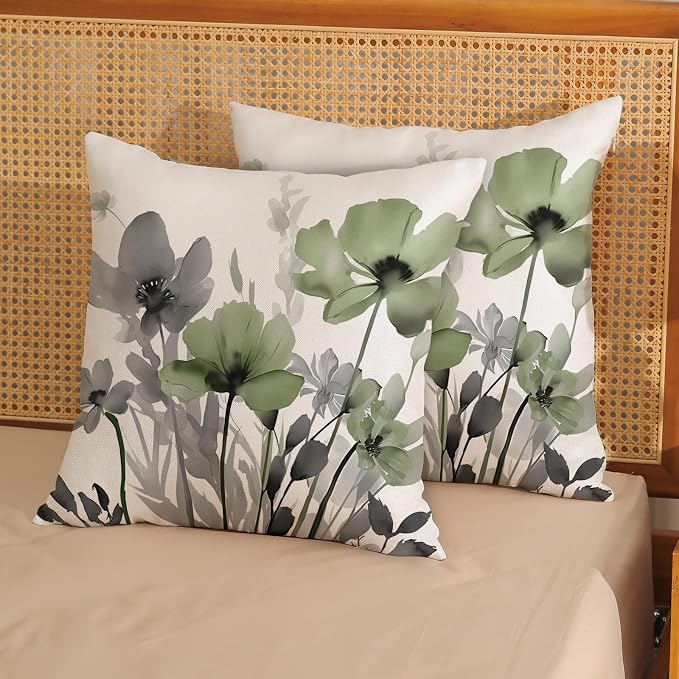 Spring Floral Pillow Covers 18x18 Inches Set of 2 Gray Sage Green Floral Throw Pillow Covers Outdoor Rustic Summer Flower Decoration Pillowcase Farmhouse Decorative Cushion Cover For Home Sofa