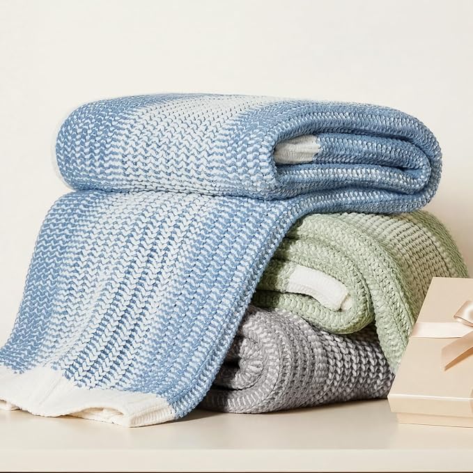 Premium Chenille Throw Blanket, Soft Cozy Luxury Two-Tone Knit Blanket for Couch, Sofa, Chair, Home Decor, Blue & Ivory 50"x60"