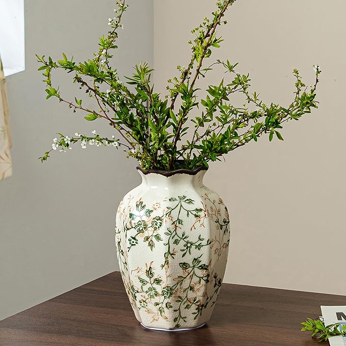 Ceramic Flower Vase for Home Decor, Vintage Green Decorative Vase 6.7 Inch | Rustic Farmhouse Floral Vase for Living Room, Kitchen, Coffee Table, Mantel, Bookshelf, Entryway, Wedding Centerpiece