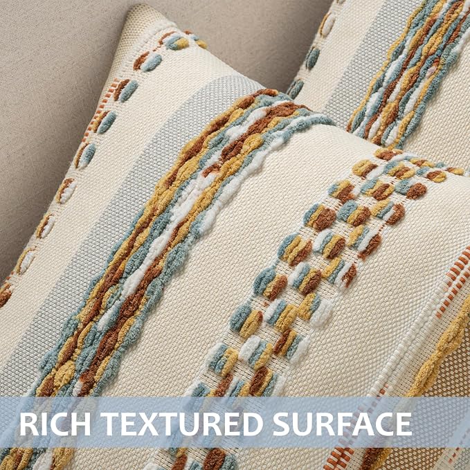 ANRODUO Boho Decorative Throw Pillow Covers 20x20 Inch Rust Blue Pack of 2 | Throw Pillow Covers, Farmhouse Cushion Case, Chenille Pillow Cases, Pillow Covers, Accent Neutral Pillowcase for Sofa Couch