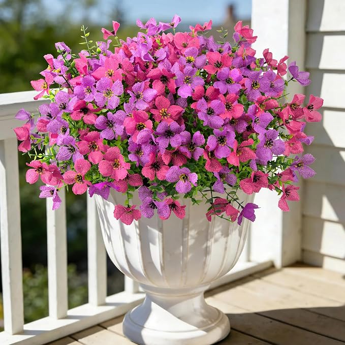 16 Pcs Artificial Flowers for Outdoors Decor, Purple & Rose Red | Realistic, silk flowers, faux plastic plants, UV resistant, for summer garden porch window vase indoor outdoor home decor