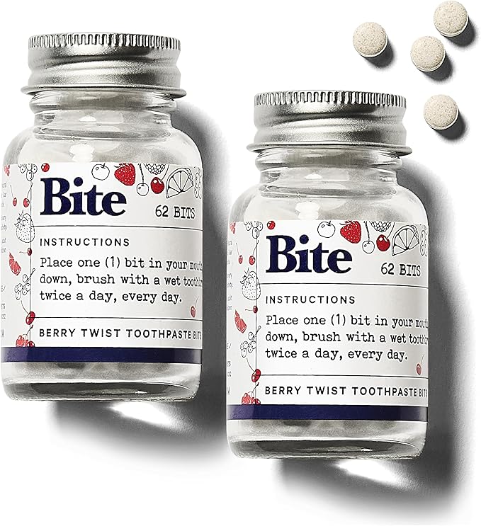 Bite Whitening Toothpaste Tablets – 2 Months – Fluoride Free, Nano Hydroxyapatite + Xylitol, Berry Twist – Vegan, Cruelty-Free, Made in USA, Sensitive Teeth, Travel Size, (2 Bottles, 124 Tabs)