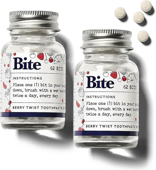 Bite Whitening Toothpaste Tablets – 2 Months – Fluoride Free, Nano Hydroxyapatite + Xylitol, Berry Twist – Vegan, Cruelty-Free, Made in USA, Sensitive Teeth, Travel Size, (2 Bottles, 124 Tabs)