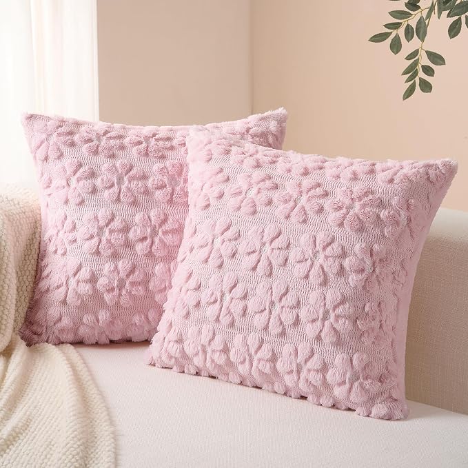 Softalker Spring Decorative Throw Pillow Covers 16 x 16 Inch Set of 2, Farmhouse Summer Floral Daisy Soft Faux Fur Cushion Covers, 3D Pillow Cases for Couch Bedroom Living Sofa Room Home Decor, Pink